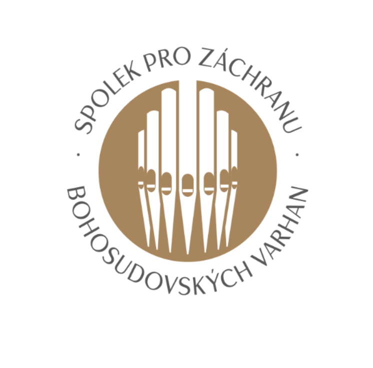 Kulaté logo spolku se zlatými varhaními píšťalami